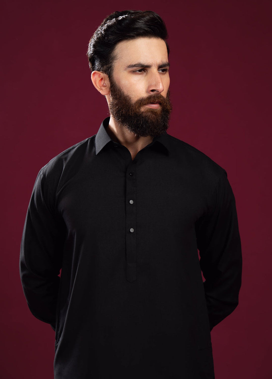 Muraqsh Ready To Wear Solids Cotton Men Black French Collar Kameez Shalwar MUR-BFCKS - Summer Collection