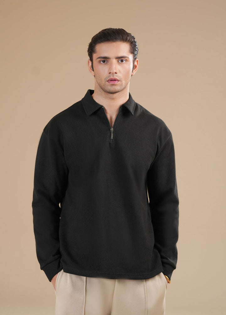 Muraqsh Ready To Wear Solids Cotton Men Black Interlock Zipper Polo Full Sleeves ABD-BIZP - Summer Collection