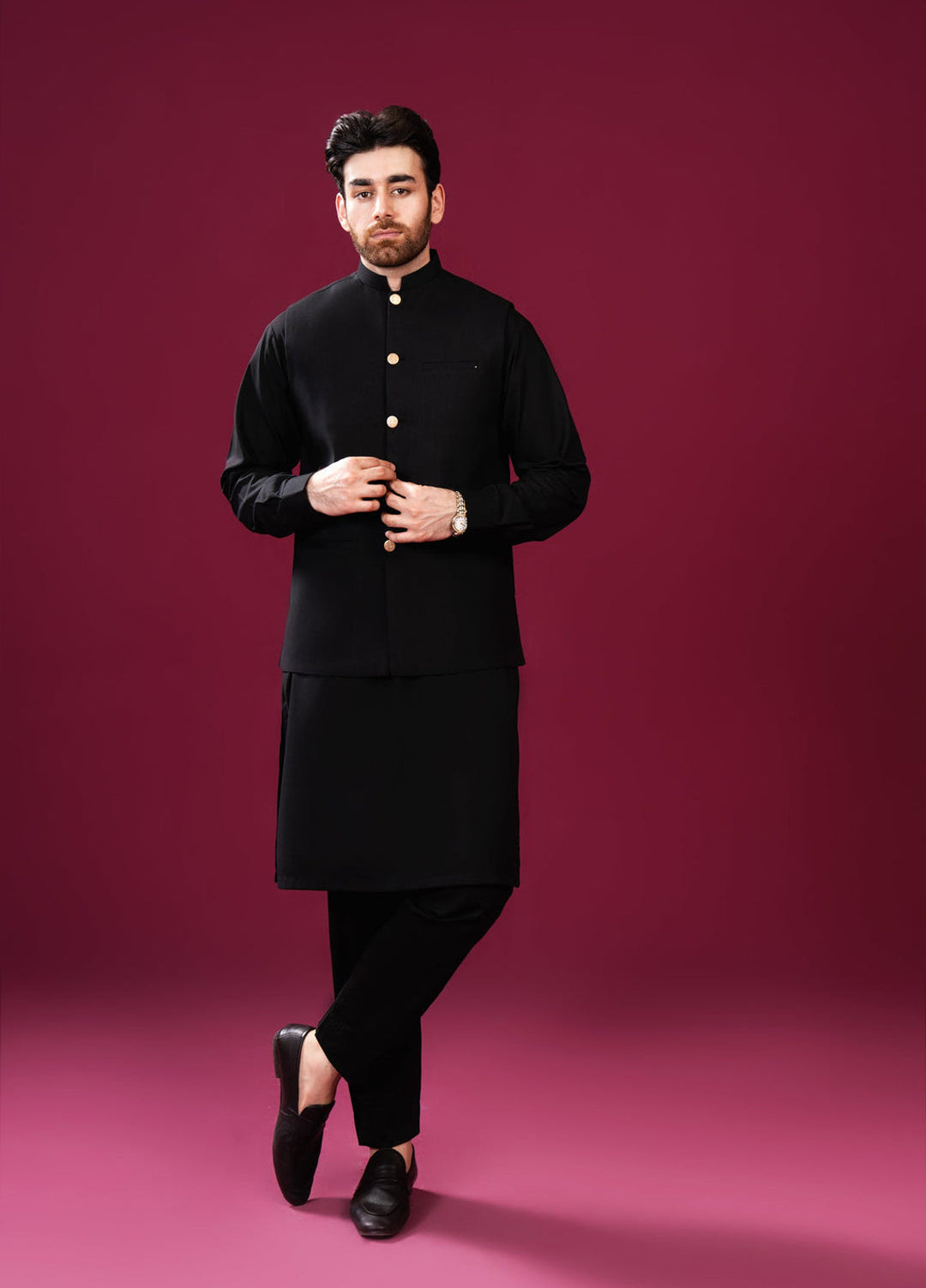 Muraqsh Ready To Wear Solids Cotton Men Black Kurta Trouser with Blended Waistcoat Straight Cut MUR-BKTWB - Summer Collection