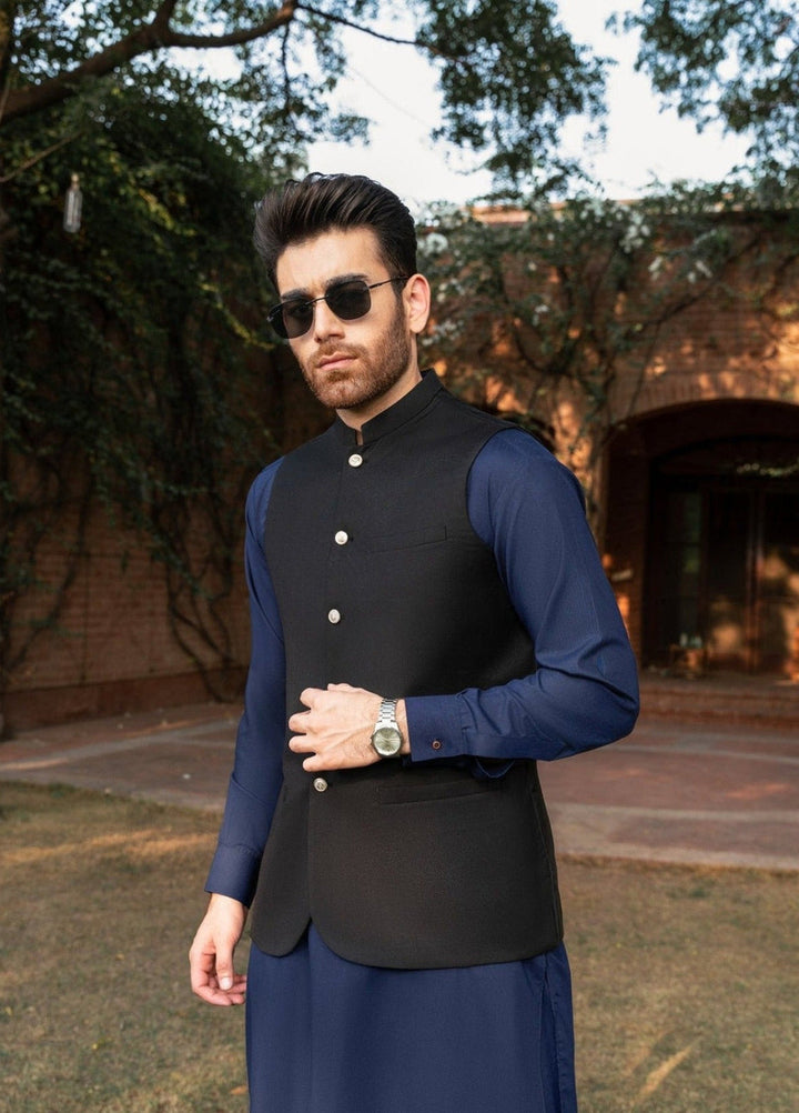 Muraqsh Ready To Wear Solids Cotton Men Black Opal Suiting Waistcoat Round Cut MUR-BO - Summer Collection