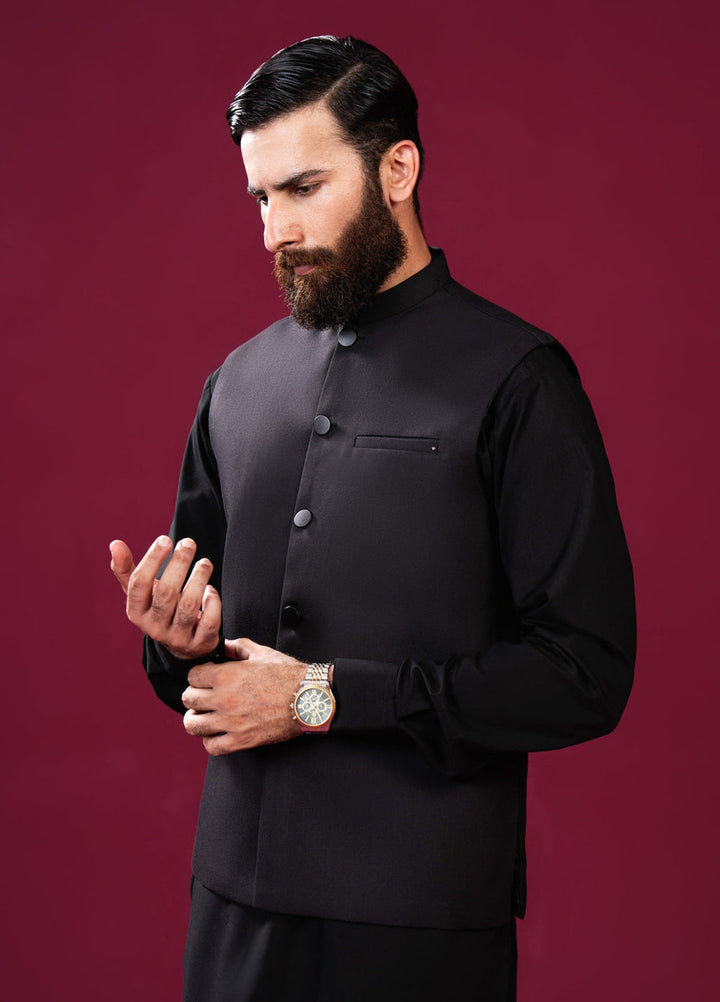 Muraqsh Ready To Wear Solids Cotton Men Black Suiting Waistcoat Straight Cut Buttoned MUR-BSW - Summer Collection
