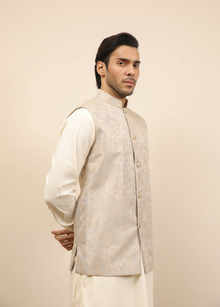 Muraqsh Ready To Wear Solids Cotton Men Blue Gold Textured Jamawar Waistcoat MUR-BGTJW - Summer Collection