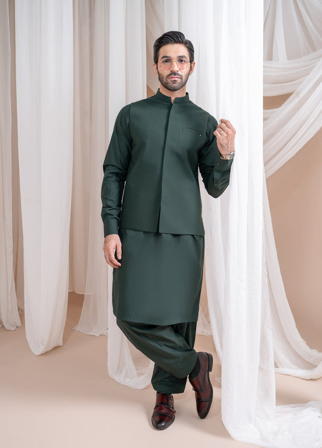 Muraqsh Ready To Wear Solids Cotton Men Bottle Green Luxury Blended Waistcoat Straigth Cut MUR-BGLBW - Summer Collection