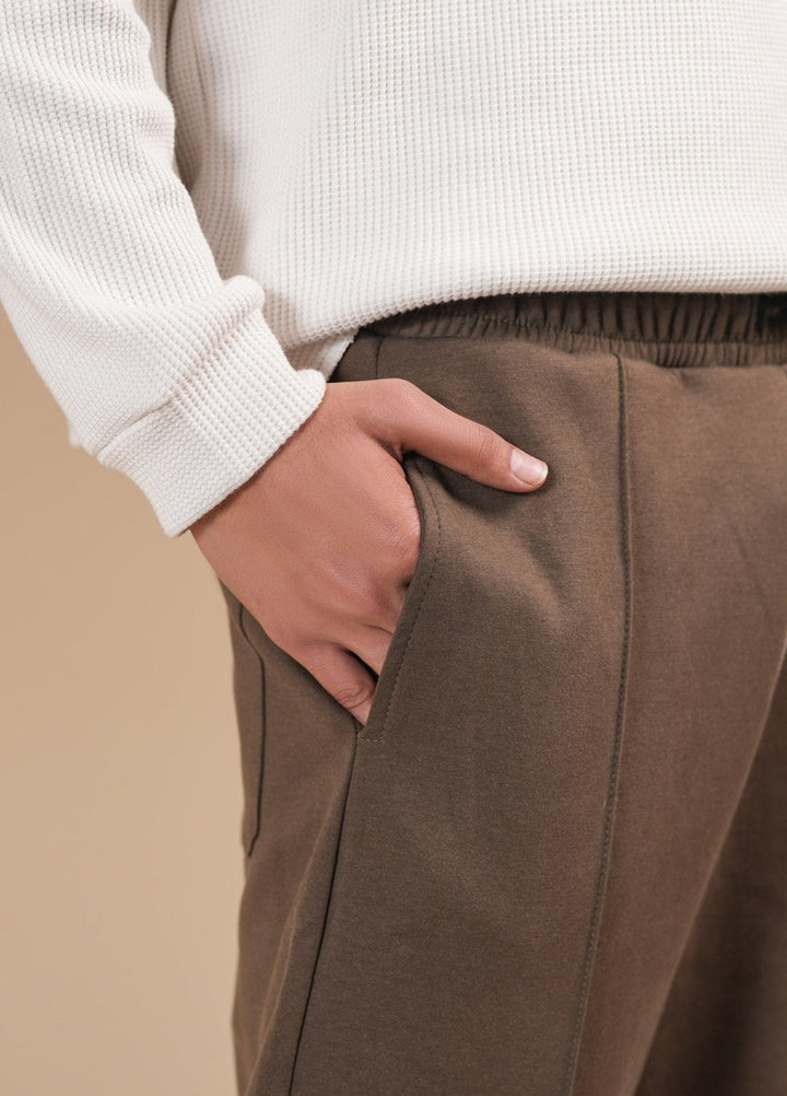 Muraqsh Ready To Wear Solids Cotton Men Brown Interlock Straight Fit Trouser with Drawstring ABD-BISFT - Summer Collection