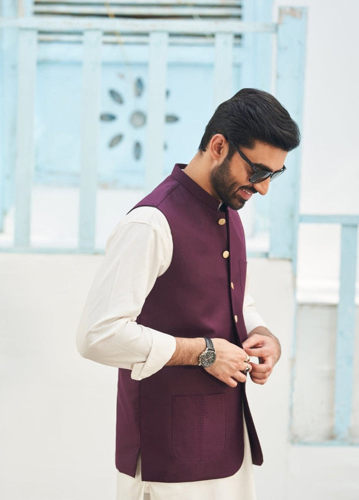 Muraqsh Ready To Wear Solids Cotton Men Burgundy Suiting Waistcoat Round Cut MUR-BW - Summer Collection