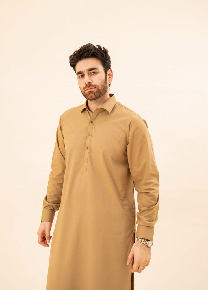Muraqsh Ready To Wear Solids Cotton Men Camel French Collar Kameez Shalwar MUR-CFCKS - Summer Collection