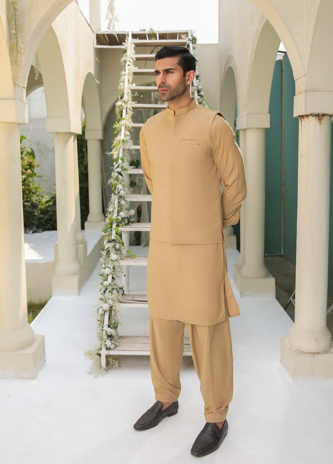 Muraqsh Ready To Wear Solids Cotton Men Camel Kameez Shalwar with Blended Waistcoat MUR-CKSWW - Summer Collection