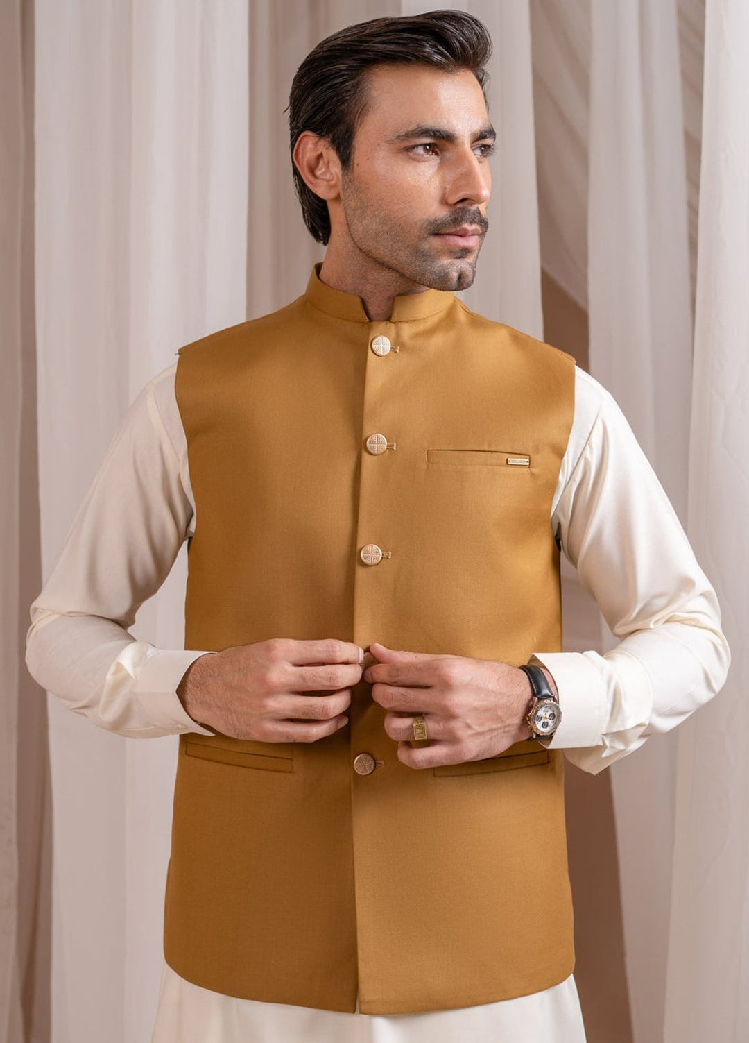 Muraqsh Ready To Wear Solids Cotton Men Camel Suiting Waistcoat Straight Cut Buttoned MUR-CSW - Summer Collection