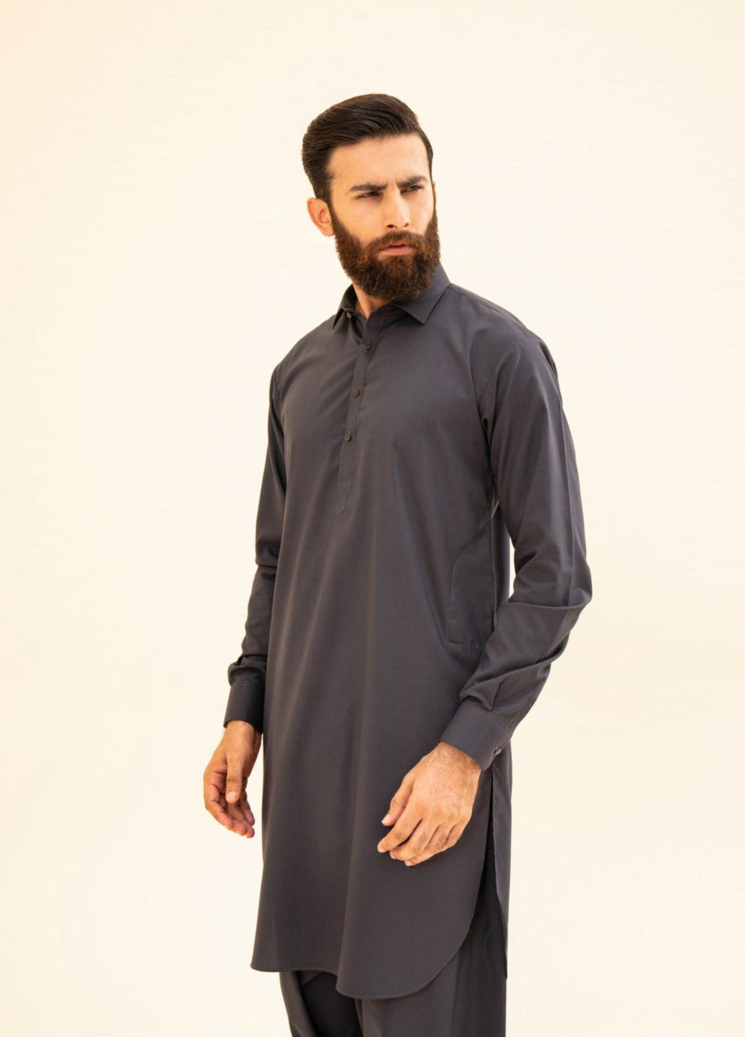 Muraqsh Ready To Wear Solids Cotton Men Charcoal Grey French Collar Kameez Shalwar MUR-CGFCK - Summer Collection