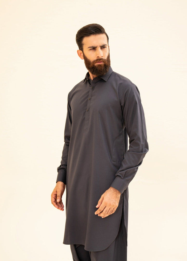 Muraqsh Ready To Wear Solids Cotton Men Charcoal Grey French Collar Kameez Shalwar MUR-CGFCK - Summer Collection