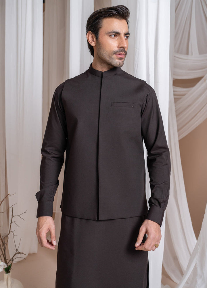 Muraqsh Ready To Wear Solids Cotton Men Dark Brown Blended Waistcoat Straigth Cut MUR-DBBW - Summer Collection