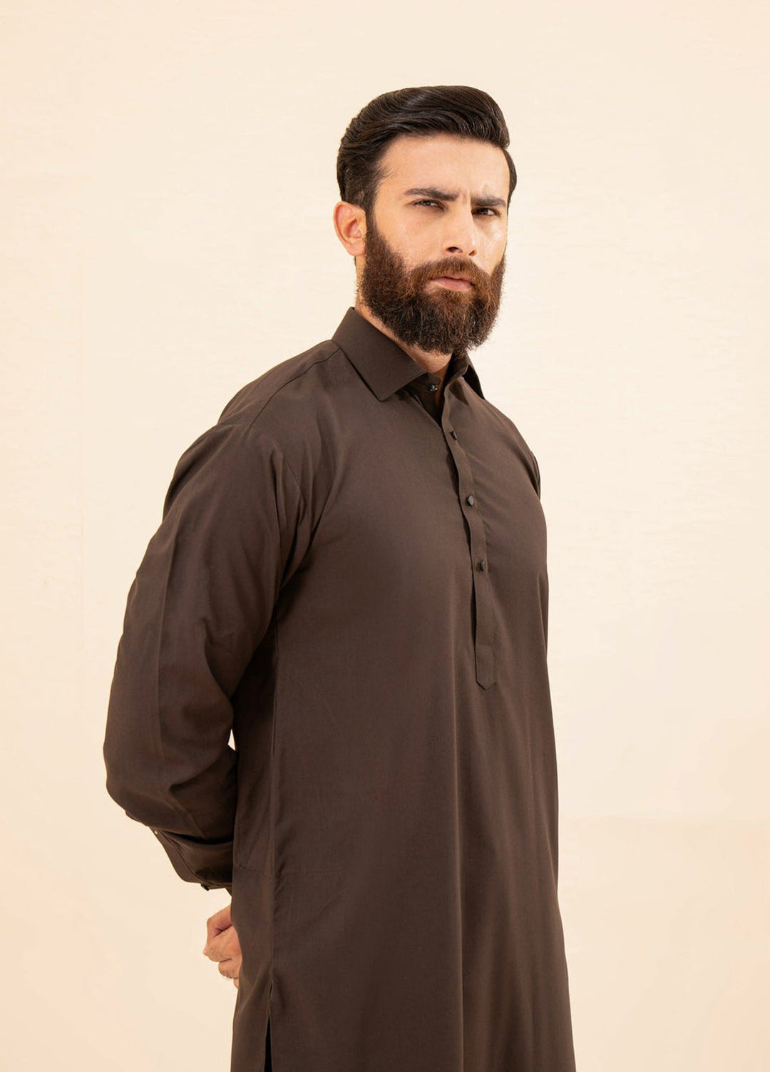 Muraqsh Ready To Wear Solids Cotton Men Dark Brown French Collar Kameez Shalwar MUR-DBFCK - Summer Collection