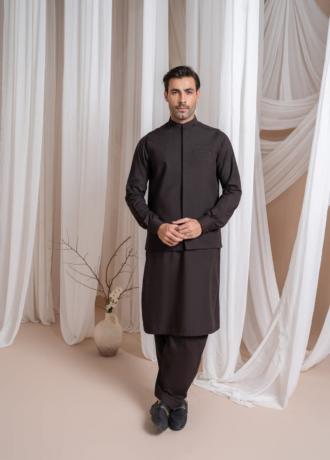Muraqsh Ready To Wear Solids Cotton Men Dark Brown Kameez Shalwar with Blended Waistcoat Straight Cut MUR-DBKSW - Summer Collection