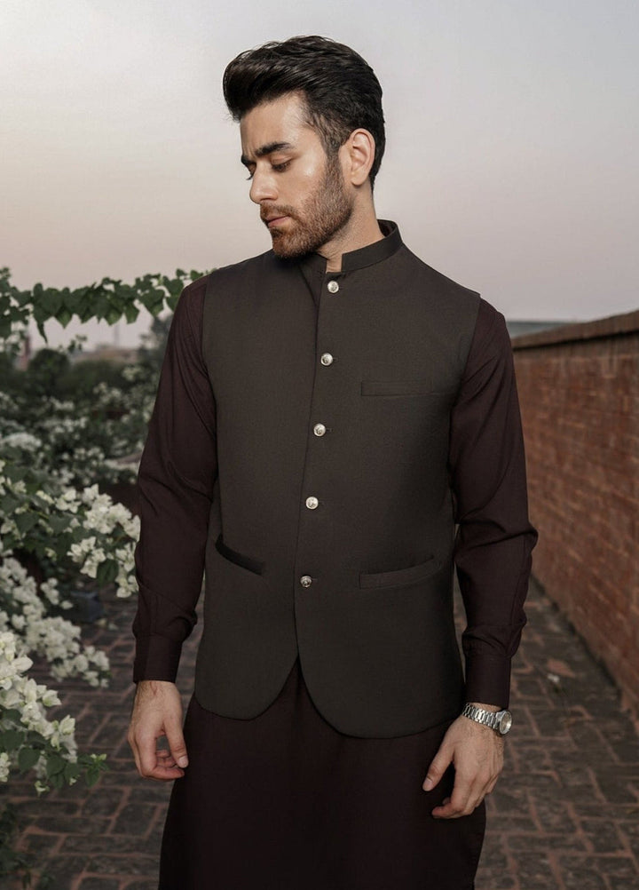 Muraqsh Ready To Wear Solids Cotton Men Dark Brown Kameez Shalwar with Suiting Waistcoat Round Cut MURB-KS - Summer Collection