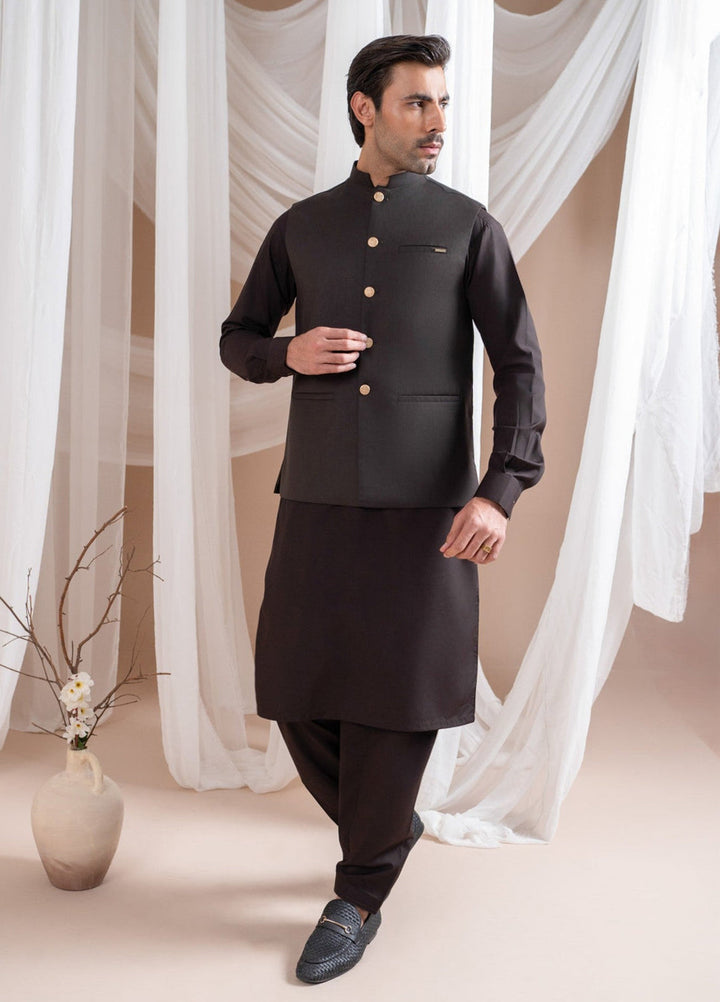 Muraqsh Ready To Wear Solids Cotton Men Dark Brown Kurta Shalwar with Suiting Waistcoat Straight Cut MUR-DBKSW-KT - Summer Collection