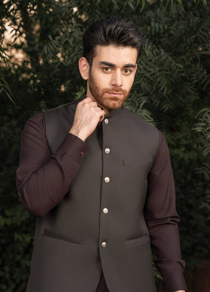 Muraqsh Ready To Wear Solids Cotton Men Dark Brown Suiting Waistcoat Round Cut MUR-DB- - Summer Collection
