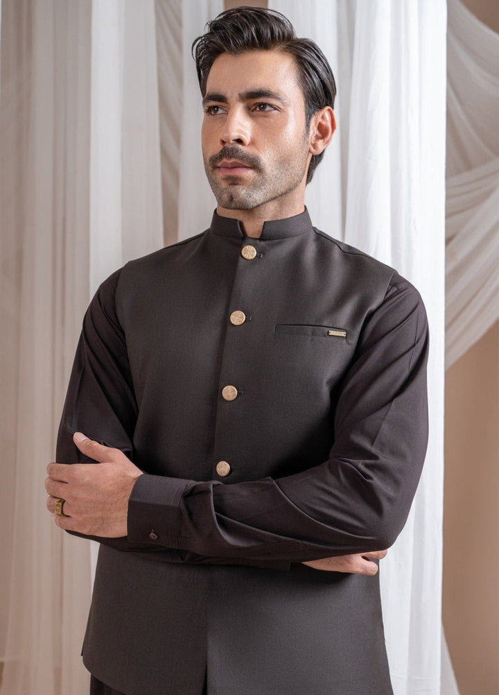 Muraqsh Ready To Wear Solids Cotton Men Dark Brown Suiting Waistcoat Straight Cut Buttoned MUR-DBSW - Summer Collection