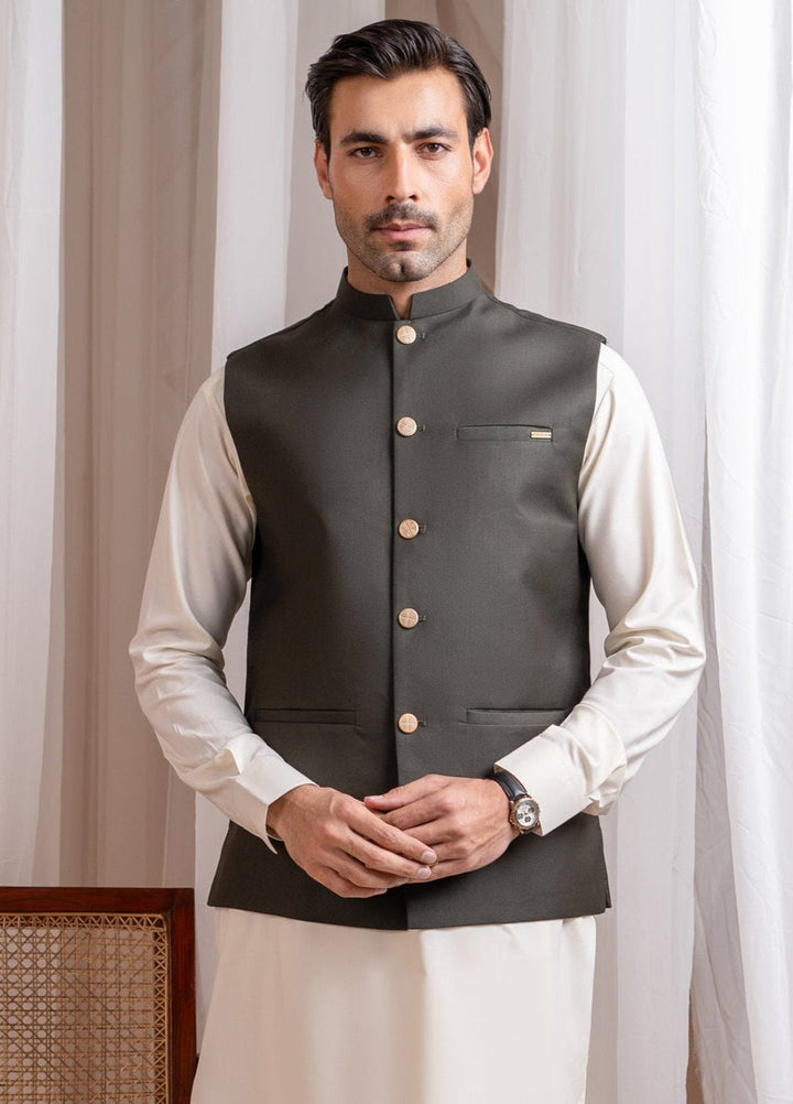 Muraqsh Ready To Wear Solids Cotton Men Deep Army Green Suiting Waistcoat Straight Cut Buttoned MUR-AGSW - Summer Collection
