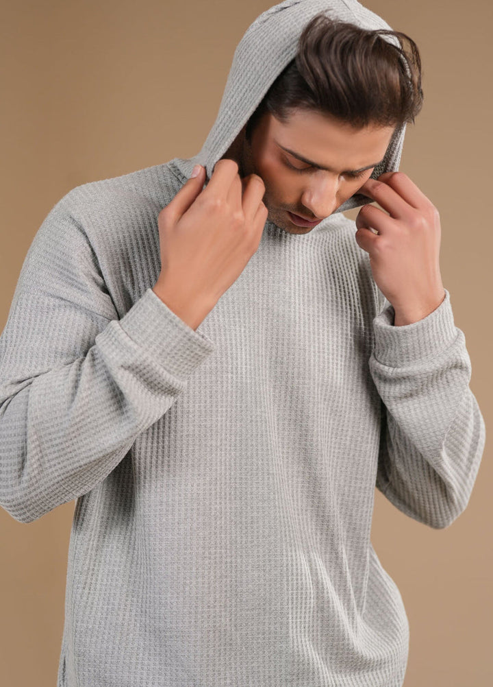 Muraqsh Ready To Wear Solids Cotton Men Grey Waffle Pullover Hoodie Relaxed Fit ABD-GWPH - Summer Collection