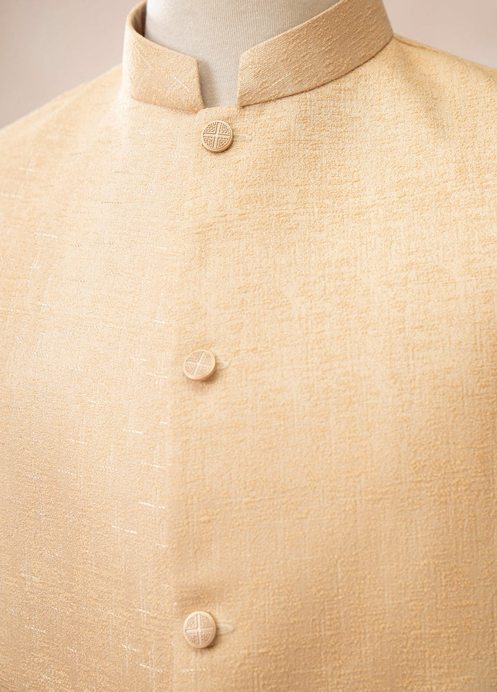 Muraqsh Ready To Wear Solids Cotton Men Ivory Jamawar Textured Waistcoat MUR-IJTW - Summer Collection