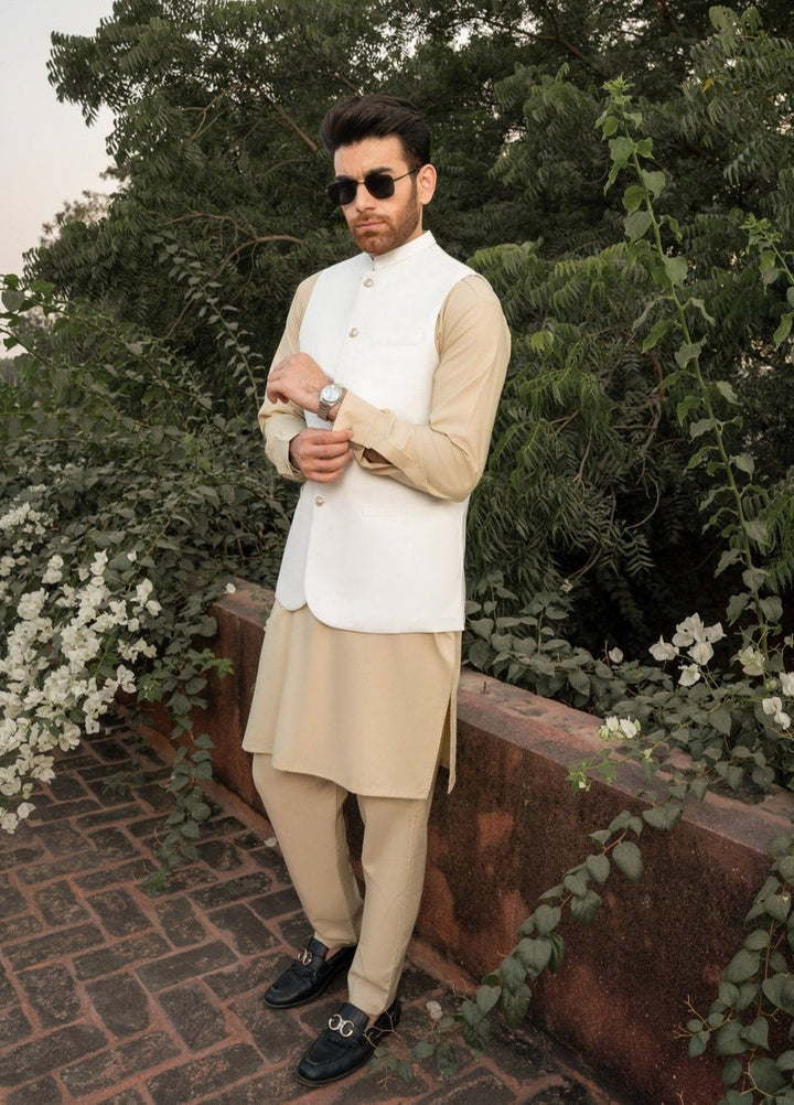 Muraqsh Ready To Wear Solids Cotton Men Ivory Kameez Shalwar with Off White Suiting Waistcoat Round Cut MUR-IW-KS - Summer Collection