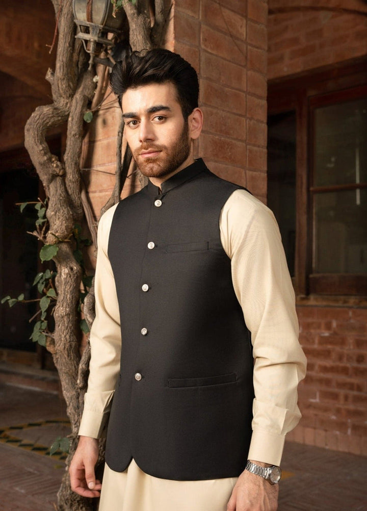 Muraqsh Ready To Wear Solids Cotton Men Ivory Kurta Trouser with Black Suiting Waistcoat Round Cut MUR-BOI-KS - Summer Collection