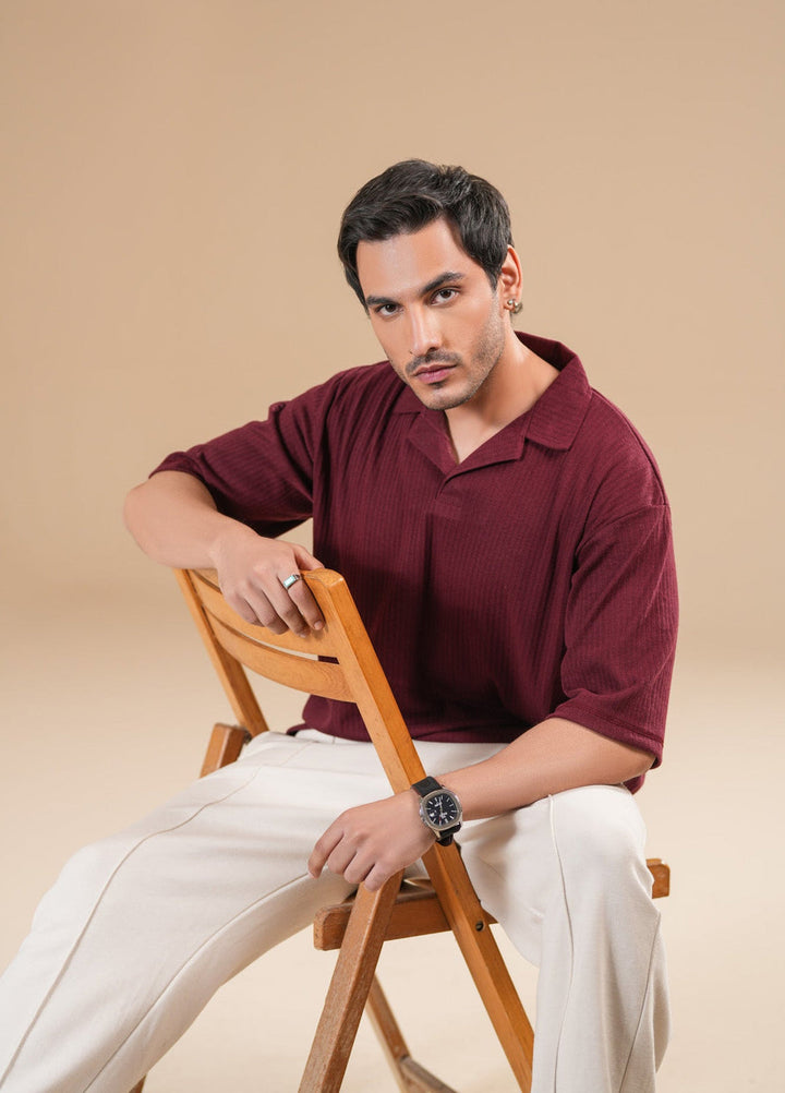 Muraqsh Ready To Wear Solids Cotton Men Maroon Ribbed Boxy Revere Polo ABDRBRP - Summer Collection