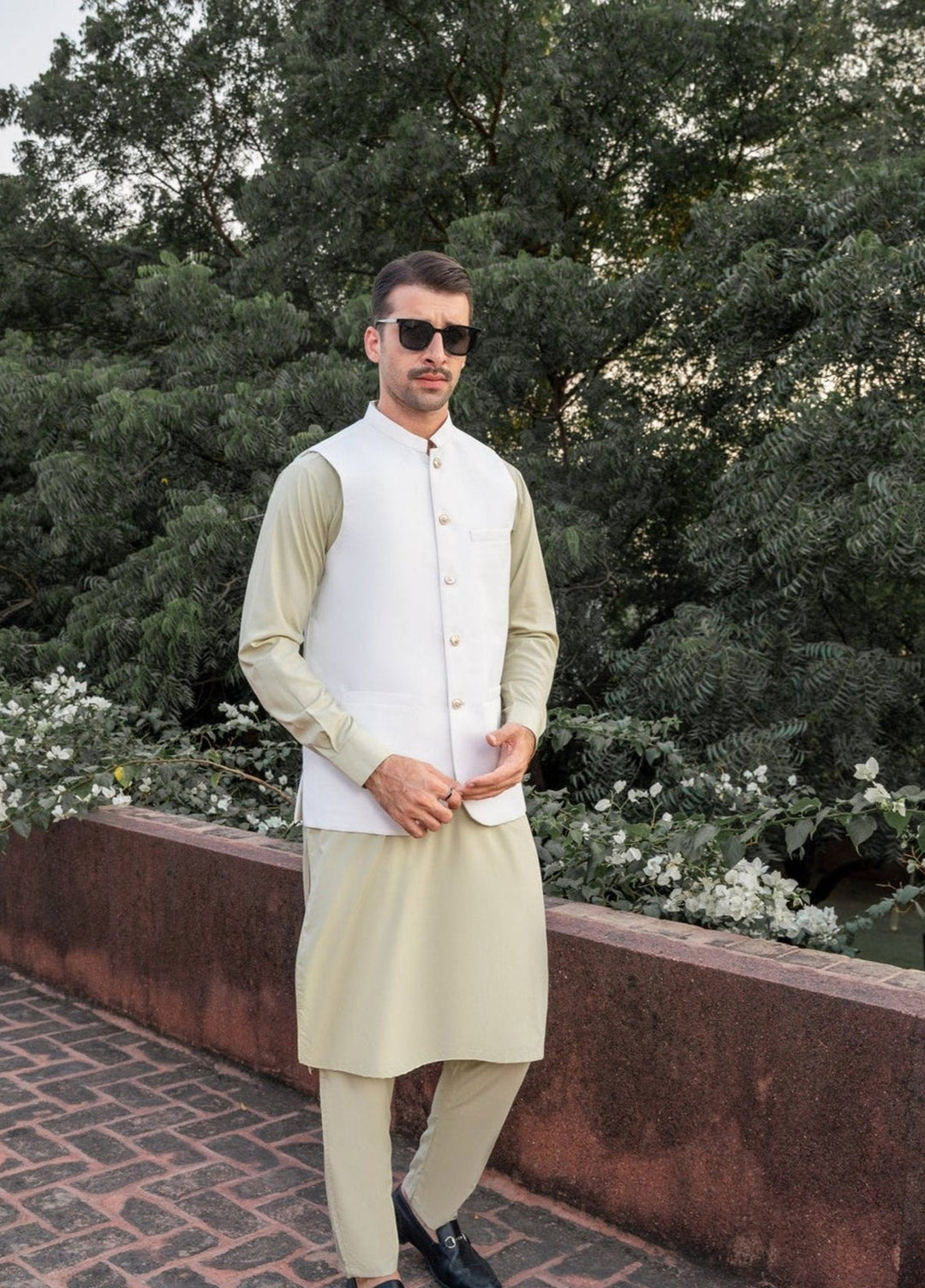 Muraqsh Ready To Wear Solids Cotton Men Mint Kameez Shalwar with Off White Suiting Waistcoat Round Cut MURW-KS - Summer Collection