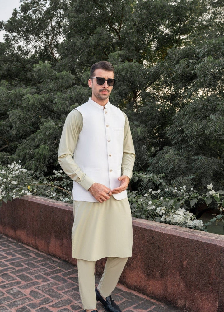 Muraqsh Ready To Wear Solids Cotton Men Mint Kameez Shalwar with Off White Suiting Waistcoat Round Cut MURW-KS - Summer Collection