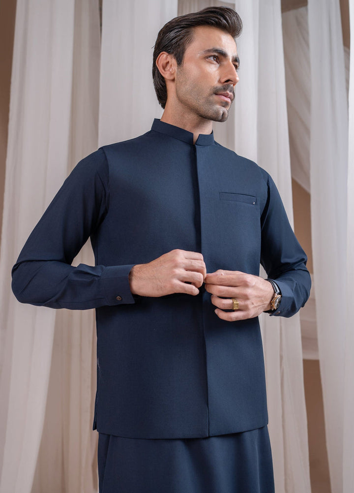 Muraqsh Ready To Wear Solids Cotton Men Navy Blue Blended Waistcoat Straigth Cut MUR-NBBW - Summer Collection