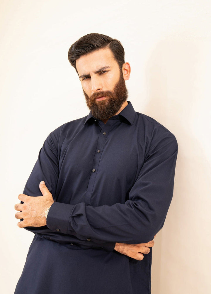 Muraqsh Ready To Wear Solids Cotton Men Navy Blue French Collar Kameez Shalwar MUR-NBFCK - Summer Collection