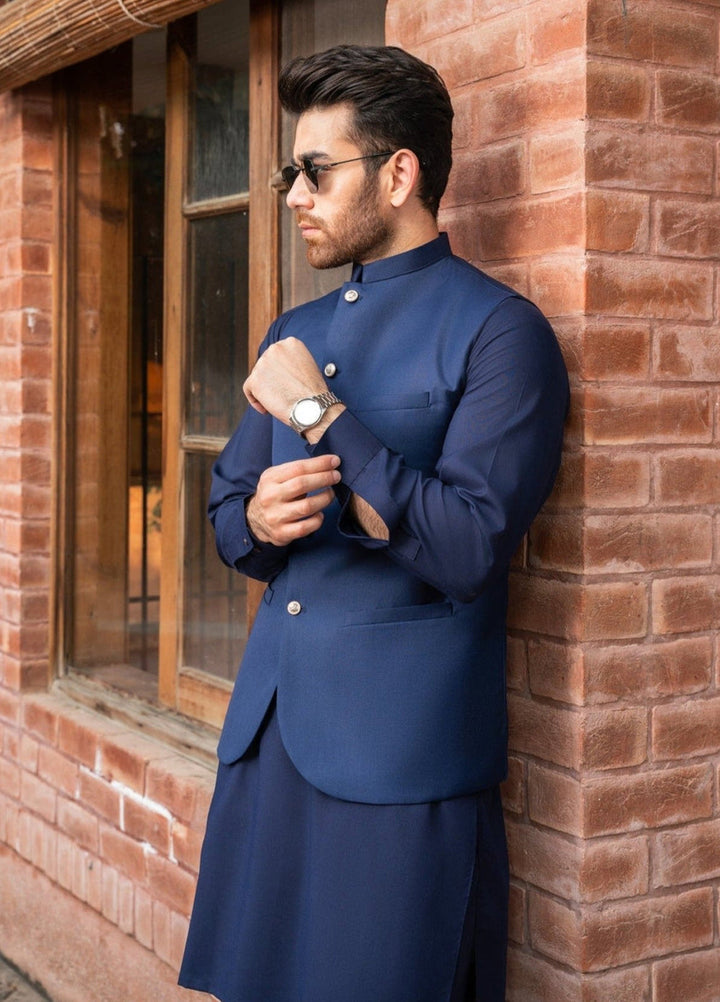 Muraqsh Ready To Wear Solids Cotton Men Navy Blue Kameez Shalwar with Suiting Waistcoat Round Cut MUR-ANB-KS - Summer Collection