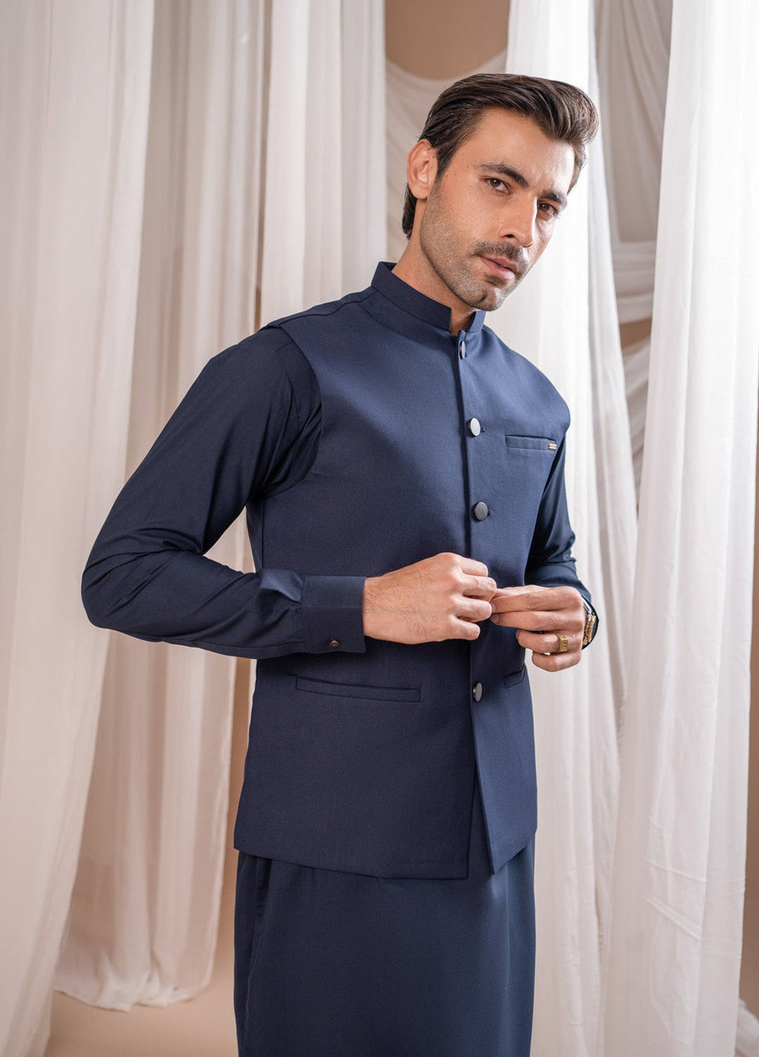 Muraqsh Ready To Wear Solids Cotton Men Navy Blue Kurta Shalwar with Suiting Waistcoat Straight Cut MUR-NBKSW-KT - Summer Collection