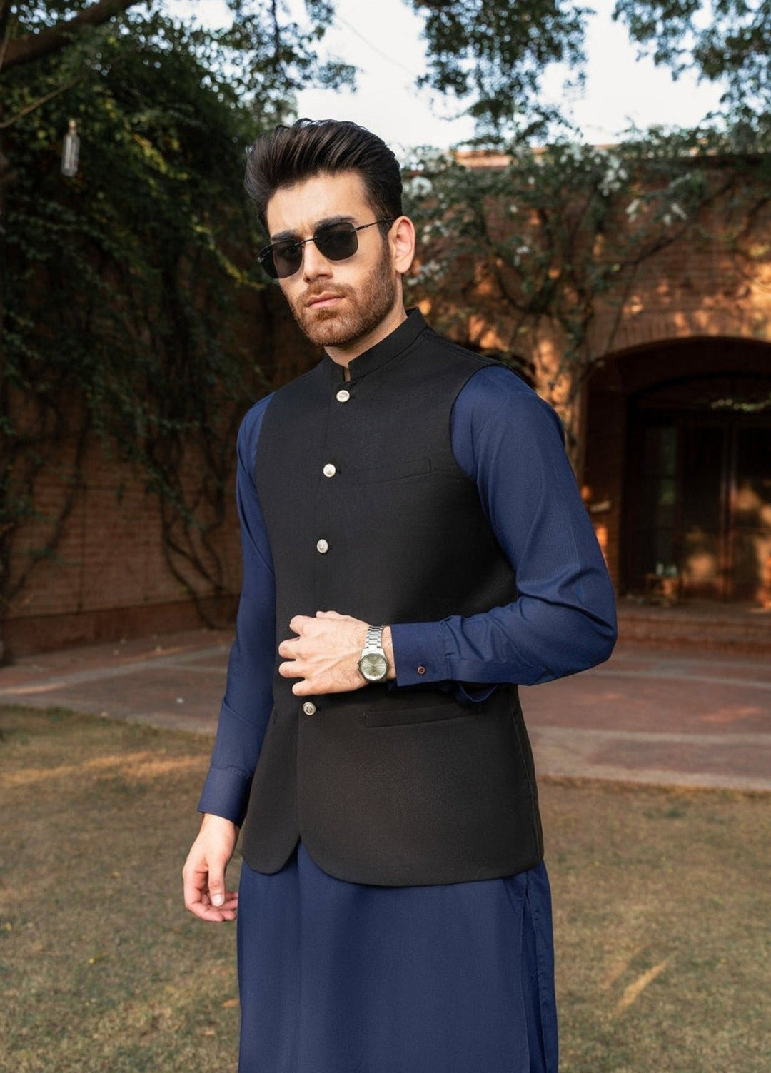 Muraqsh Ready To Wear Solids Cotton Men Navy Blue Kurta Trouser with Black Suiting Waistcoat Round Cut MUR-PB-KS - Summer Collection