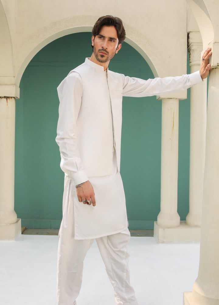 Muraqsh Ready To Wear Solids Cotton Men Off White Kameez Shalwar with Blended Waistcoat MUR-OWKSW - Summer Collection