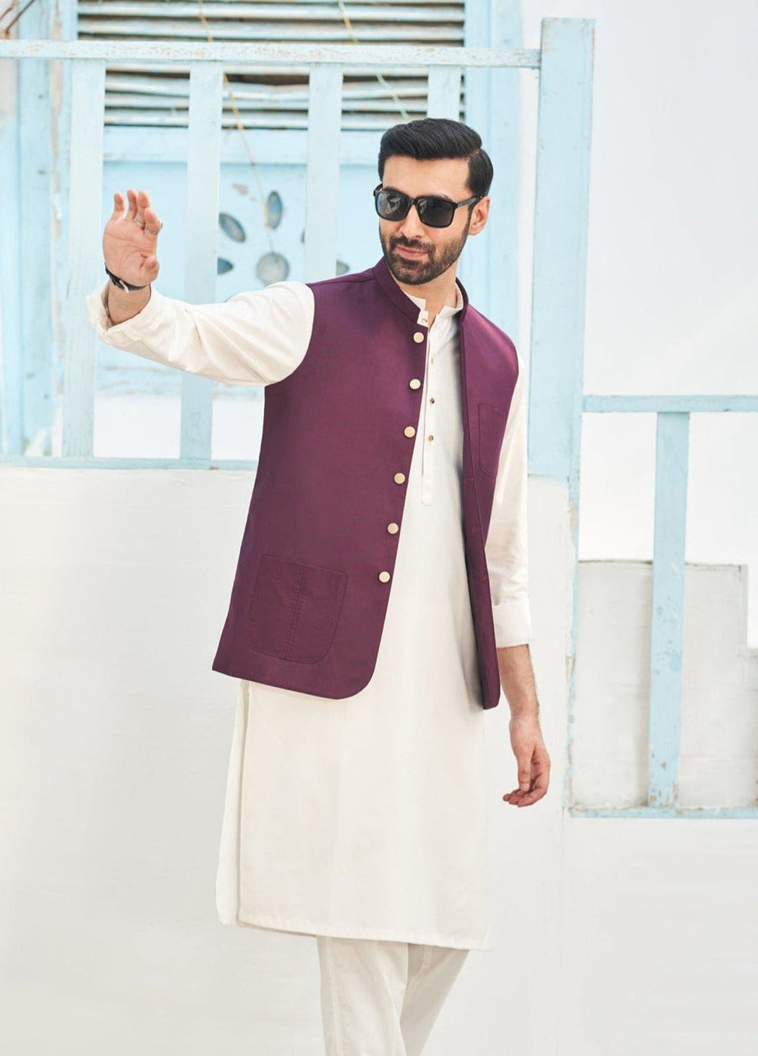 Muraqsh Ready To Wear Solids Cotton Men Off White Kameez Shalwar with Burgundy Suiting Waistcoat Round Cut MURP-BO-KS - Summer Collection