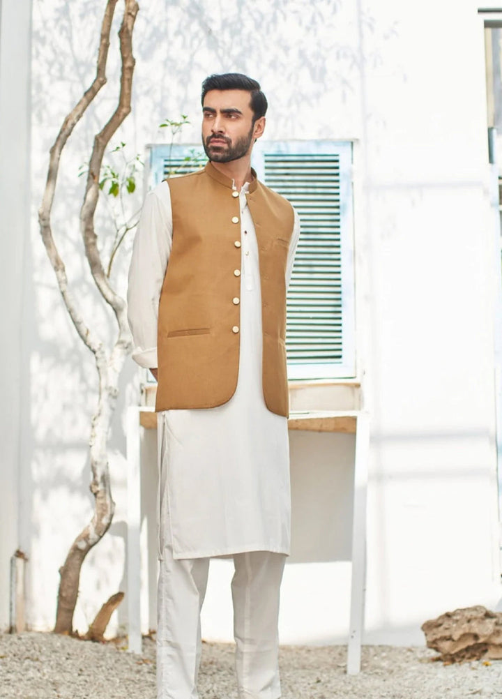 Muraqsh Ready To Wear Solids Cotton Men Off White Kameez Shalwar with Camel Suiting Waistcoat Round Cut MUR-COW - Summer Collection