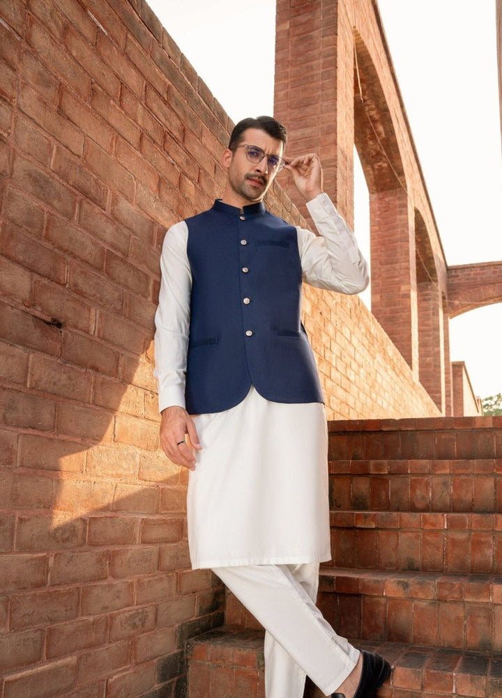 Muraqsh Ready To Wear Solids Cotton Men Off White Kameez Shalwar with Navy Blue Suiting Waistcoat Round Cut MUR-BO-KS - Summer Collection