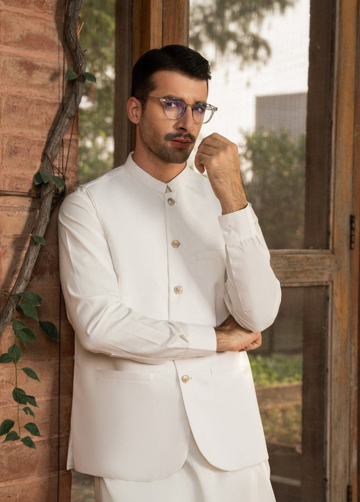 Muraqsh Ready To Wear Solids Cotton Men Off White Kameez Shalwar with Suiting Waistcoat Round Cut MUR-AOW-KS - Summer Collection