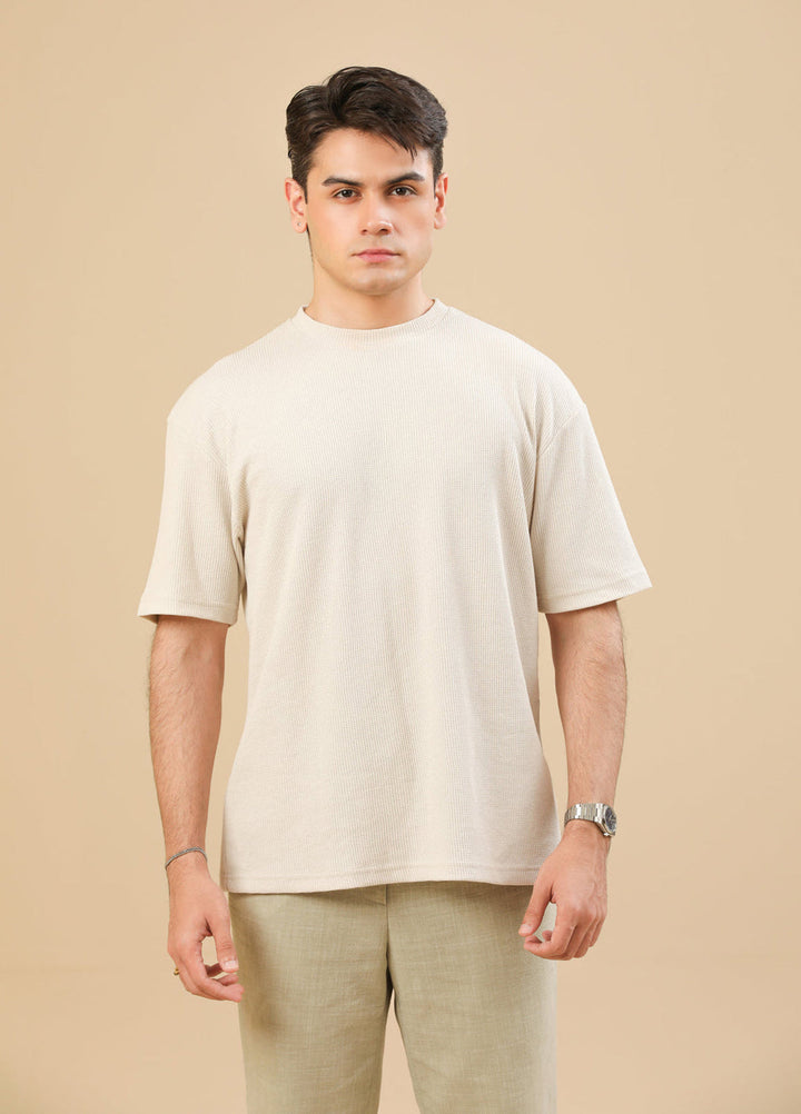 Muraqsh Ready To Wear Solids Cotton Men Off White Knit Textured Oversized T-Shirt ABD-OWKTOT - Summer Collection