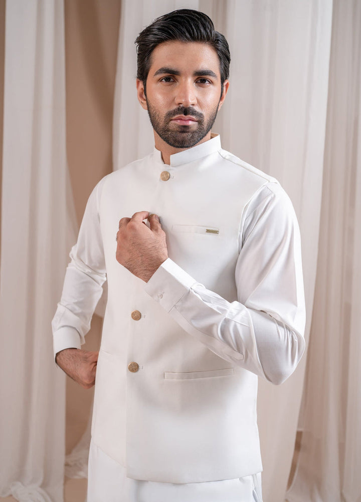 Muraqsh Ready To Wear Solids Cotton Men Off White Kurta Shalwar with Suiting Waistcoat Straight Cut MUR-OWKSW-KT - Summer Collection