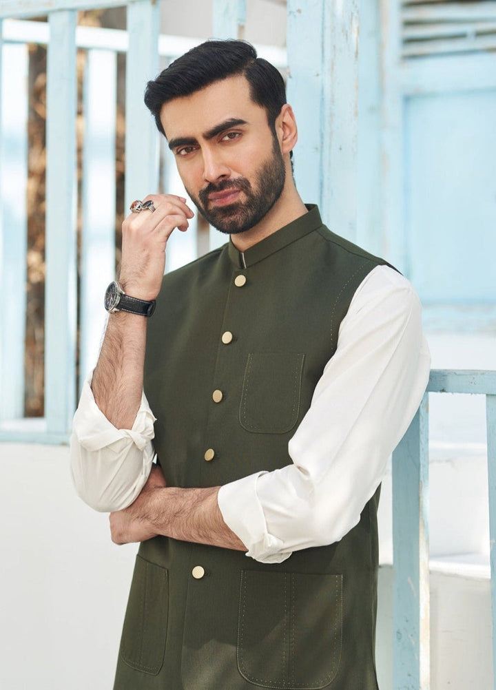 Muraqsh Ready To Wear Solids Cotton Men Off White Kurta Trouser with Army Green Suiting Waistcoat Round Cut MURP-AG-KS - Summer Collection