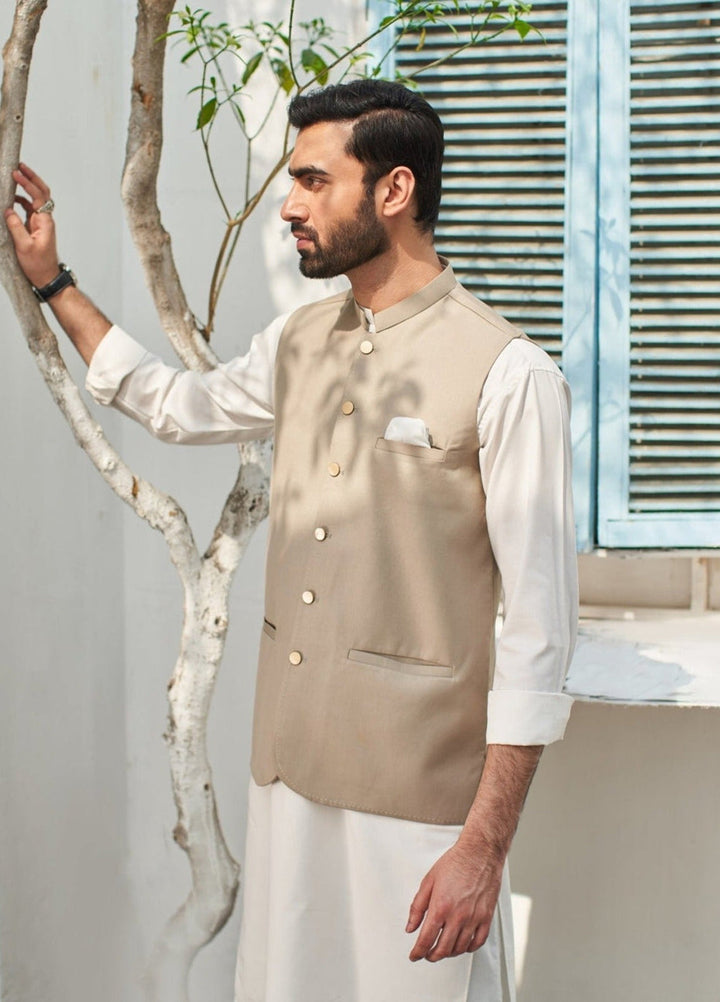 Muraqsh Ready To Wear Solids Cotton Men Off White Kurta Trouser with Beige Suiting Waistcoat Round Cut MUR-BOO - Summer Collection