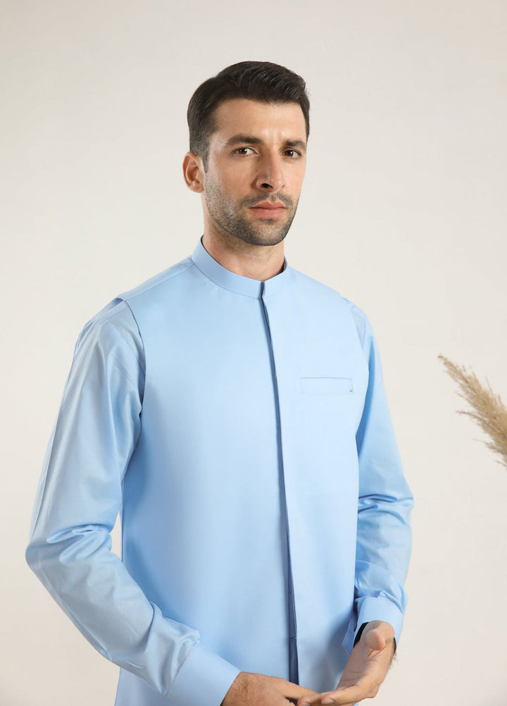 Muraqsh Ready To Wear Solids Cotton Men Off White Kurta Trouser with Navy Blue Suiting Waistcoat MURBSCW - Summer Collection