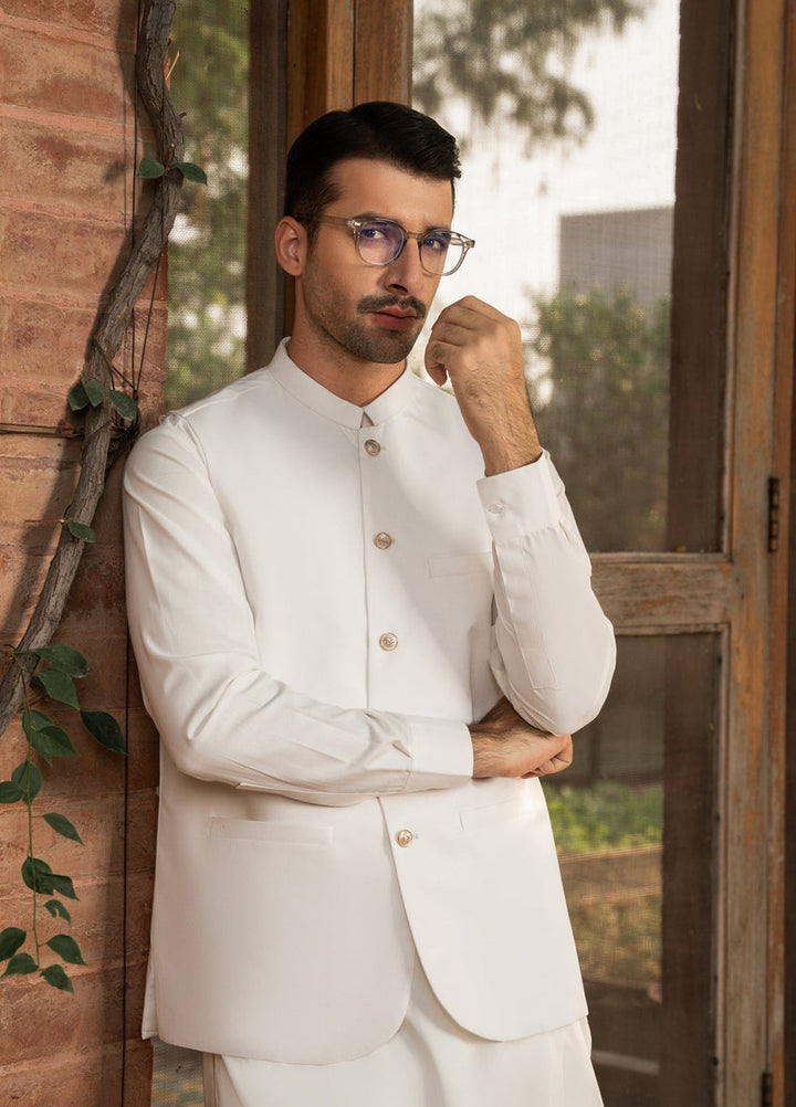Muraqsh Ready To Wear Solids Cotton Men Off White Suiting Waistcoat Round Cut MURW - Summer Collection