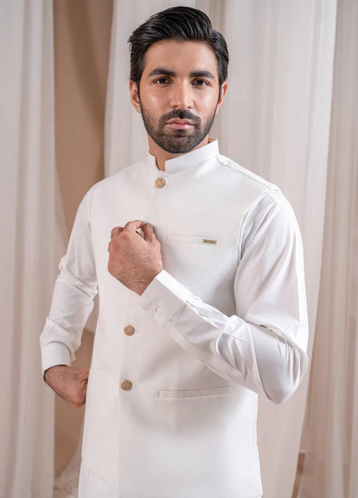 Muraqsh Ready To Wear Solids Cotton Men Off White Suiting Waistcoat Straight Cut Buttoned MUR-OWSW - Summer Collection