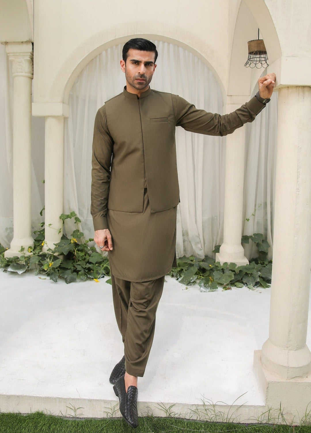 Muraqsh Ready To Wear Solids Cotton Men Olive Green Kameez Shalwar with Blended Waistcoat MUR-OGKSW - Summer Collection