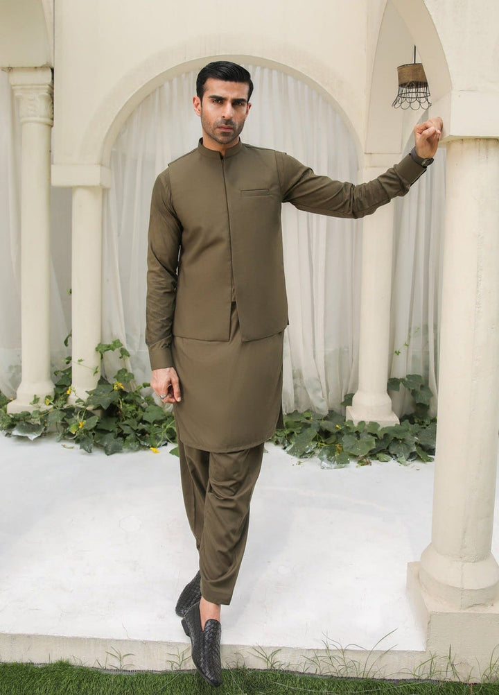 Muraqsh Ready To Wear Solids Cotton Men Olive Green Kameez Shalwar with Blended Waistcoat MUR-OGKSW - Summer Collection