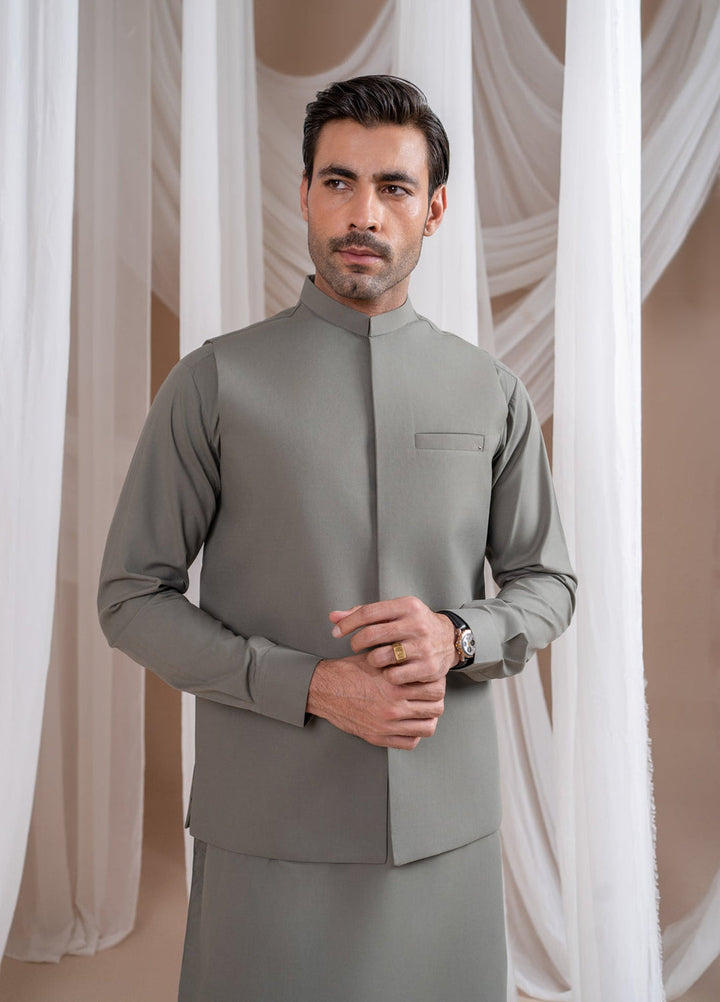 Muraqsh Ready To Wear Solids Cotton Men Sand Grey Luxury Blended Waistcoat Straigth Cut MURGLBW - Summer Collection