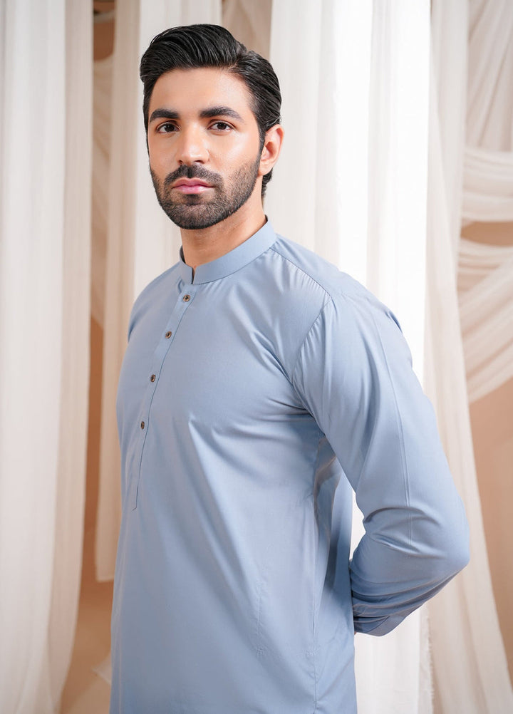 Muraqsh Ready To Wear Solids Cotton Men Sapphire Blue Luxury Blended Kurta Shalwar MURBLBK - Summer Collection